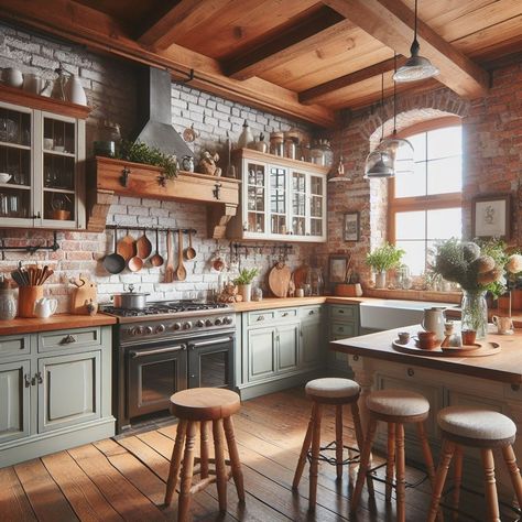 15 Charming Cottagecore Kitchen Ideas for Rustic Bliss — Lord Decor Brick House Kitchen Ideas, Rustic Brick Kitchen, Brick In Kitchen Accent Walls, Brick Cottage Kitchen, Wood And Brick Kitchen, Rustic House Kitchen, French Cottagecore, Cottagecore Kitchen Ideas, Kitchens With Brick