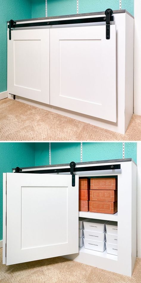 Learn how to install bifold barn doors on a cabinet or closet! This genius hardware allows folding barn doors to open and close smoothly, or take one wheel off the track to open it wide! Half Closet Door Ideas, Folding Cabinet Doors Diy, Diy Bifold Cabinet Doors, Bifold Kitchen Cabinet Doors, Sliding Cabinet Door, Small Barn Doors Sliding, Diy Bifold Barn Doors, Small Door Ideas, Bi Fold Door To Barn Door