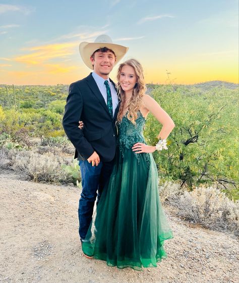 Prom Dresses To Wear With Cowboy Boots, Grad Dress With Cowboy Boots, Cowboy Boots Prom Dress, Cowboy Boots With Prom Dress, Country Formal Dress, Prom Dress With Cowgirl Boots, Prom Dresses With Boots, Prom Couples Green, Western Prom Dresses Country