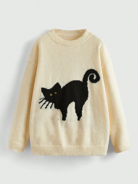 ROMWE Kawaii Black Cute Cat And Floral Patterned Soft Beige Autumn/Winter Sweater With Fine Knit SweaterI discovered amazing products on SHEIN.com, come check them out! Outfit Aesthetics, Gatto Carino, Winter Crochet, Beige Pullover, Fine Knit Sweater, Cat Sweater, Pullover Outfit, Soft Beige, Women Sweaters