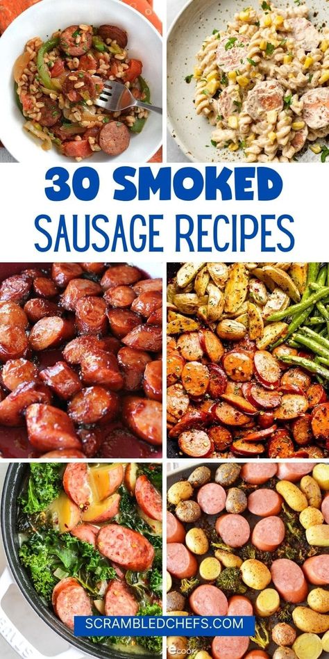 Satisfying and simple, smoked sausage recipes are the focus of this list of delicious meals for busy weeknights! From simple sheet pan meals to sausage pasta and cheese dishes, this list has something for everyone at your dinner table! Beef Smoked Sausage Recipe, Easy Sausage Dinner, Easy Sausage Dinner Recipes, Kilbasa Sausage Recipes, Smoked Sausage Recipes Pasta, Sausage Crockpot Recipes, Beef Sausage Recipes, Summer Sausage Recipes, Easy Sausage Recipes