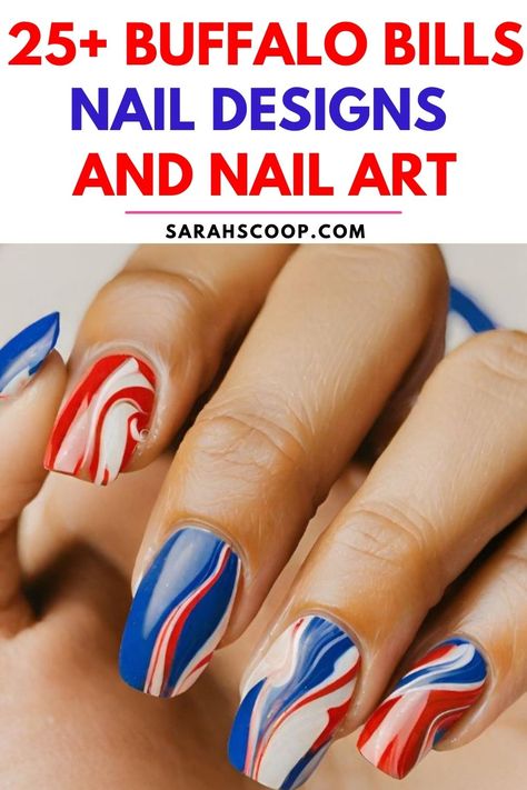 Show your team spirit with these 25+ Buffalo Bills Nail Designs and Football Nail Art Ideas! Score a touchdown in the style game. 🏈💙❤️💅 #BuffaloBills #nailart #teamspirit #footballseason #naildesigns Buffalo Bills Makeup, Buffalo Bills Nail Ideas, Buffalo Bills Nails Design, Buffalo Bills Manicure, Buffalo Bills Halloween, Bills Nails, Buffalo Bills Christmas, Buffalo Bills Zubaz Nails, Buffalo Bills Design