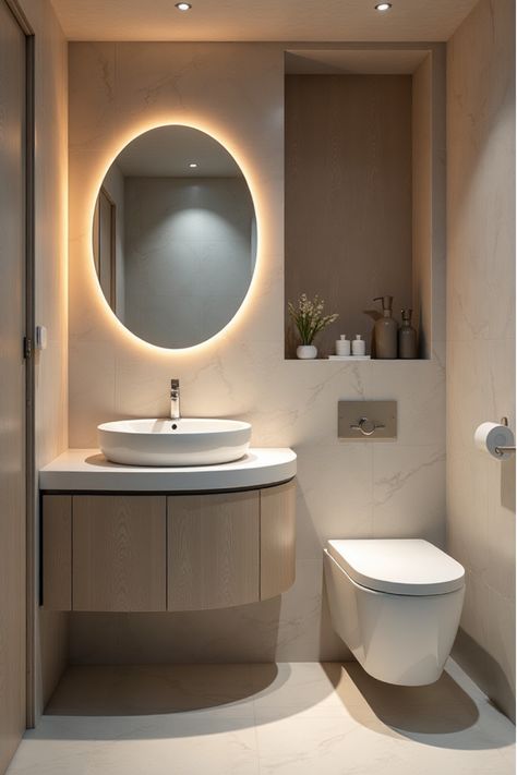 Futuristic bathroom with curved vanity unit and smart mirror Compact Bathroom Ideas, Unique Small Bathroom, Small Bathroom Vanity Ideas, Smart Mirror Bathroom, Futuristic Bathroom, Outdoor Living Porch, Small Bathroom Vanity, Bathroom Vanity Ideas, Curved Mirror