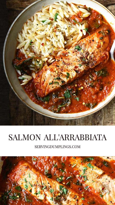 Salmon all'Arrabbiata Middle Eastern Salmon Recipes, Healthy Dinner Recipes With Salmon, Salmon Tomato Sauce, Salmon With Tomato Sauce, Salmon Supper Ideas, Medditeranean Salmon, Baked Fish Dinner Ideas, Salmon Italian Style, Salmon Recipes Mediterranean