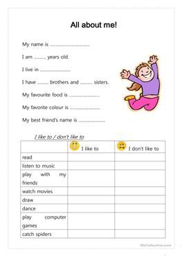 Introducing Yourself, All About Me Worksheet, Kindergarten Activity, Reading Comprehension Lessons, English Activities For Kids, English Worksheet, Learning English For Kids, English Grammar Worksheets, English Worksheets For Kids