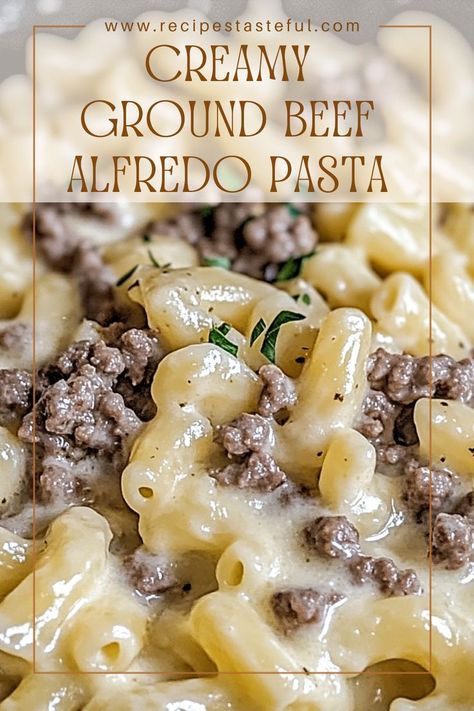 This Creamy Ground Beef Alfredo Pasta is a comforting, hearty dish packed with savory flavors. With its rich, creamy Alfredo sauce and perfectly seasoned ground beef, it's the perfect meal for any occasion. Pasta Casserole With Ground Beef, Alfredo And Beef Recipe, Alfredo Meat Sauce Pasta, Ground Beef And Heavy Cream Recipes, Creamy Beef And Pasta, Alfredo Sauce And Ground Beef Recipes, Alfredo Hamburger Pasta, Recipes With Ground Beef And Cream Cheese, Ground Beef Recipes Alfredo Sauce