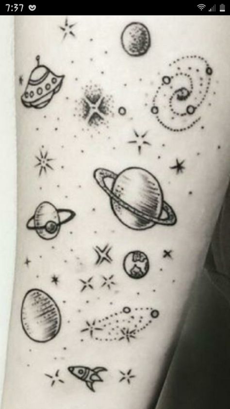 Space Tattoo Filler Ideas, Galaxy Filler Tattoo, Galaxy Tattoo Filler, Outer Space Tattoo Ideas, Space Theme Tattoo Ideas, Sleeve Tattoos For Women Space, Small Outer Space Tattoo, Space Tattoo Sleeve Black And White, Simple Space Tattoos