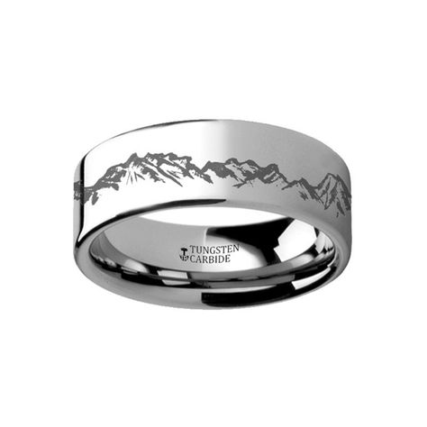 SUNSHINE    Flat Tungsten Ring Engraved with Peaks Mountain Range Scene     |    4mm, 6mm, 8mm, 10mm & 12mm Batman Wedding Rings, Landscape Mountain, Black Tungsten Rings, Tungsten Carbide Wedding Bands, Black Tungsten, Nature Ring, Tungsten Carbide Rings, Tungsten Wedding Bands, Matching Wedding Bands