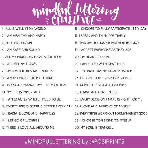 I'm so excited to announce that my 30-day #mindfullettering challenge starts April 1st! Practice your hand lettering and also spread some good vibes around with daily positive affirmations!   Participating is easy! To enter the Mindful Lettering Challenge:  1) Download, print or Pin the prompt list below to follow along daily.  2) Post the prompt photo on Instagram and tag #mindfullettering and @PosiPrints to let us know you're joining. Sketching Challenge, Positive Prints, Handwriting Ideas, Creative Prompts, Journaling Tips, Improve Your Handwriting, Lettering Challenge, Hand Lettering Inspiration, Passion Planner