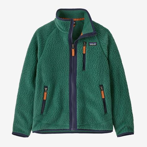 A comfortable, easy-care full-zip jacket built of ultrawarm 100% recycled polyester double-sided shearling fleece. Made in a Fair Trade Certified™ factory. - Conifer Green Patagonia Retro Pile Fleece, Patagonia Retro Pile, Patagonia Retro, 50% Logo, Patagonia Kids, Kids Fleece, Boys Fleece, Boys Jacket, Cozy Fashion