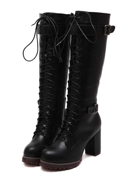 Black High Block Heel Lace Up High Boots | SHEIN Tall Lace Up Boots, Platform Boots Chunky, Black Lace Up Boots, Black High Boots, Boots Knee High, Black High Heel Boots, Knee High Heels, Lace Up High Heels, High Heel Boots Knee