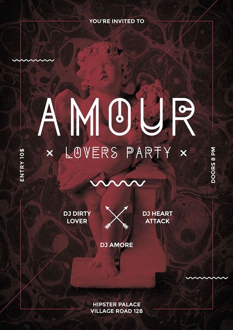 This flyer/poster explores some graphic design trends like ancient statues, marble textures and geometric typography. It’s quite hipster and funny but elegant and modern as well. It’s perfect to  promote valentine’s day events but also different kind of club events,  party, bash, live music & stuff. You can choose your favourite color theme with one click. Night Club Branding Design, Modern Event Poster, Modern Poster Design Graphics, Valentine Event Poster, Live Music Poster Design, Dj Event Poster, Music Event Poster Design, Live Music Flyer, Party Graphic Design