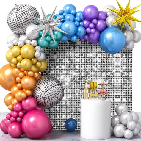 Winrayk Disco Party Decorations Birthday Supplies with Metallic Disco Balloon Garland Arch Kit Silver Sequin Backdrop Starburst Disco Ball Balloons for Adult 70s 80s 90s Disco Themed Party Decorations