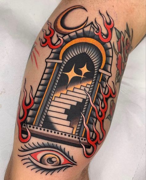 Staircase Tattoo, Traditional Hand Tattoo, Traditional Tattoo Flash Art, Traditional Tattoo Inspiration, Tattoo Love, Traditional Tattoo Sleeve, Flash Tattoo Designs, Old School Tattoo Designs, Traditional Ink