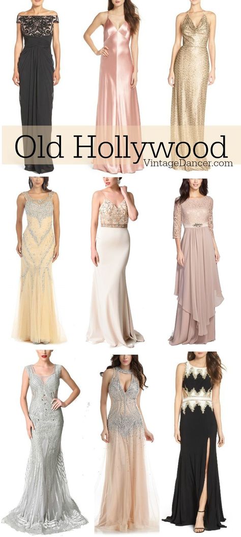 1930s evening dresses and gowns inspired by Old Hollywood fashion and glamour. Hollywood Outfit Ideas Party Women, Old Hollywood Style Dresses, Elegant Formal Dresses Classy Glamour, Hollywood Style Outfits, Hollywood Dresses Homecoming, Old Hollywood Dress Gowns, Hollywood Glam Dresses, Old Hollywood Costumes, Hollywood Glam Outfit