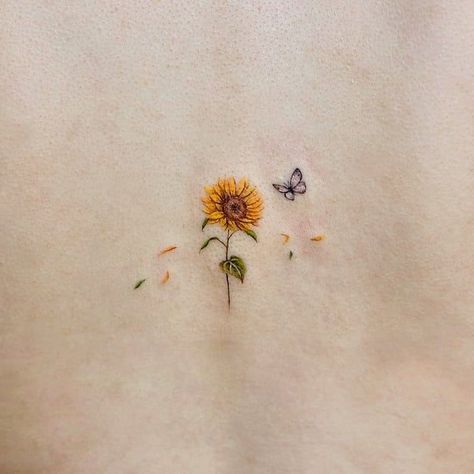 Sunflower Butterflies Tattoo, Dainty Ear Tattoos, Small Tattoos Designs, Tattoos Color, Cross Tattoos For Women, Word Tattoo, Clover Tattoos, Type Tattoo, Small Sunflower