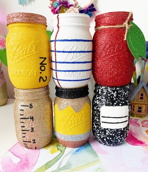 The Original Glitter School Themed Mason Jars Teacher Gift First Day of School Back to School Teacher Jar teacher Appreciation Week - Etsy Teachers Day Present Ideas, Teacher Graduation Party Ideas Education Major, Teacher Centerpieces, Retiring Teacher Gifts, Teacher Themed Graduation Party, School Centerpieces, Teacher Graduation Party, Mason Jar Teacher Gifts, Teacher Diy