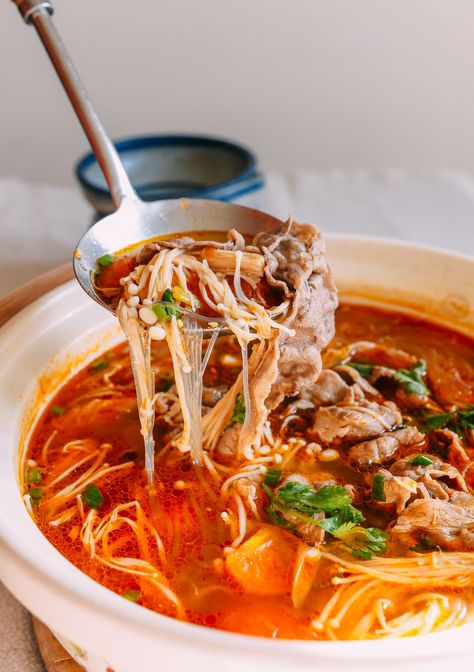 Chinese Tomato Beef Soup with Enoki Mushrooms and Mung Bean Noodles Chicken Tortillas, Hot Pot Recipe, Wok Of Life, Woks Of Life, The Woks Of Life, Mushroom Soup Recipes, Potted Beef, Asian Noodles, Soup Season