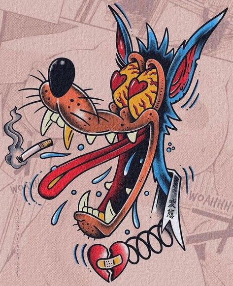 Graffiti Flash Tattoo, Rockabilly Art Tattoo, Colorful Elbow Tattoo, Tex Avery Wolf Tattoo, Old Cartoons Tattoo, Rockabilly Art Drawings, New School Tattoo Designs Drawings, Old Cartoon Tattoos, Vintage Cartoon Tattoo