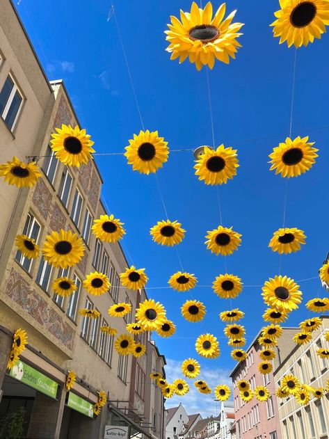 Sunflower Ceiling Decoration, Summer Aesthetic Decor, Flower Festival Ideas, Sunflower Haldi Decor, Sunflower Decorations Party, Festival Decorations Outdoor, Summer Festival Aesthetic, Sunflowers Decor, Yellow Party Decorations