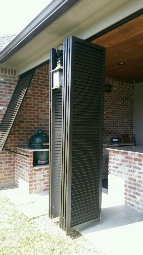 Shutter Wall from Acadian Windows Outdoor Shutters, Shutter Wall, Sliding Shutters, Grill Area, Mobile Home Porch, Home 2023, Shutters Exterior, Shutter Doors, Small Porches