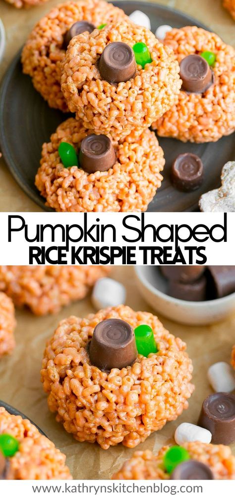 Pumpkin Rice Krispie Treats makes an adorable and festive Halloween or Fall treat! Made with a gooey marshmallow cereal mixture that tastes like traditional rice krispies treats, then shaped into cute little pumpkins that are topped with candy. Rice Krispie Pumpkins, Pumpkin Rice Krispies, Candy Cookies Recipes, Pumpkin Rice Krispie Treats, Homemade Cream Corn, Halloween Rice Krispie Treats, Pumpkin Rice, Marshmallow Cereal, Autumn Treats