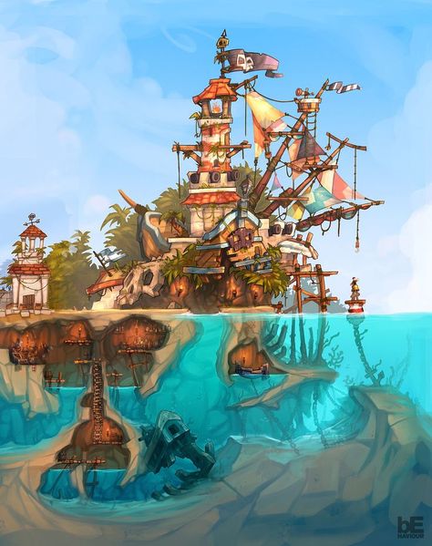 Yuumei Art, Pirate Island, Pirate Ships, Art Games, Rpg Map, Game Environment, Guild Wars, Game Background, Fantasy City