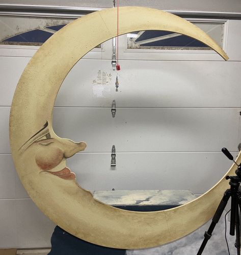 Crescent Moon Wall Hanging, Moon Prop Diy, Diy Crescent Moon Decor, Giant Moon Prop, Moon Cutout Backdrop, Celestial Bedroom Decor Diy, Moon Headboard, Circus Interior, Crescent Moon Backdrop