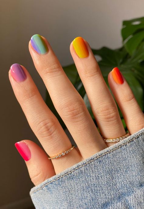 colorful nail ideas, almond nails, mix and match nails, rainbow nail color, nail art, creative nail art, summer nail designs, summer nail colors, acrylic nail ideas Rainbow Nail Ideas, Colorful Nail Ideas, Match Nails, Nails Rainbow, Gradient Nail Design, Rainbow Nails Design, Creative Nail Art, Rainbow Nail, Best Gel Nail Polish