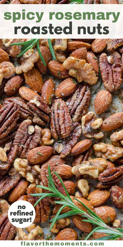 Maple Rosemary Roasted Almonds, Walnuts and Pecans are sweet, savory and completely addicting! They're a healthy appetizer or snack and they're great for gift giving! #roastednuts #appetizer #easyrecipes Savory Roasted Walnut Recipes, Rosemary Spiced Nuts Recipe, Rosemary Almonds Roasted, Rosemary Pecans Roasted, Roasted Mixed Nuts With Rosemary, Roasted Flavored Almonds, Roasted Nuts Recipe Savory Holidays, Bacon And Rosemary Pecans, Savory Hazelnut Recipes