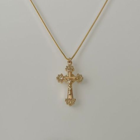 Gold Plated Cross Pendant Chain Necklace, Gold Plated Crucifix Necklace, Gold Crucifix Necklace With Delicate Chain, Gold Cross Pendant Necklace With Box Chain, Gold Plated Crucifix Necklace Tarnish Resistant, Gold Plated Tarnish Resistant Crucifix Necklace, Gold-plated Tarnish-resistant Crucifix Necklace, Gold Plated Cross Pendant Necklace With Gold Chain, Gold Cross Necklace With Box Chain