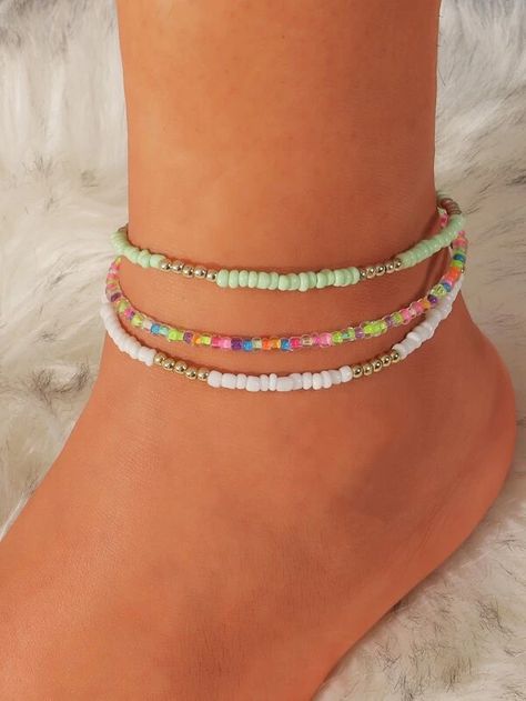 3pcs Simple Beaded Anklet | SHEIN USA Handmade Ankle Bracelets, Bracelets With Beads, Anklets Diy, Star Anklet, Summer Beach Jewelry, Beaded Ankle Bracelets, Bracelets Ideas, Schmuck Diy, Leg Chain