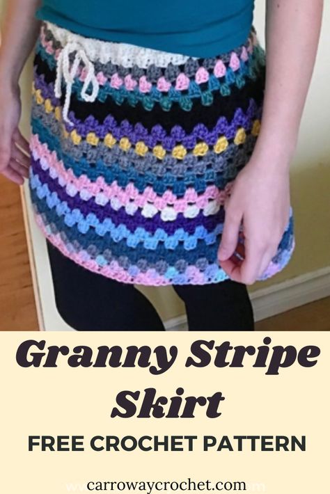 Granny Stripe Skirt Free Crochet Pattern How to Crochet a Granny Stripe Skirt - Carroway Crochet Granny Stitch Skirt, Easy Crochet Skirt, Granny Stripe Stitch, Carroway Crochet, Granny Square Skirt, Crochet Summer Ideas, Hippy Skirt, Skirt Crochet Pattern, Crochet Bralette Pattern