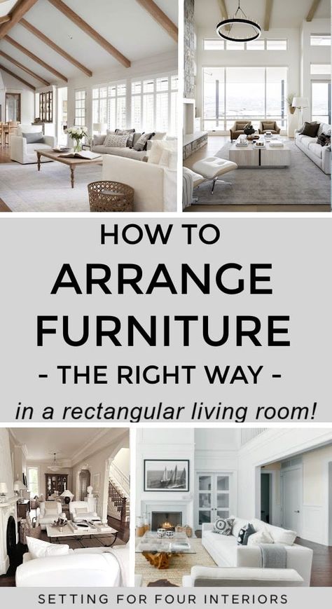 How To Arrange Furniture In A Rectangular Living Room- furniture layout ideas from a Designer and True Color Expert. Setting For Four Interiors - Virtual Interior Design #arrange #furniture #arrangement #layout #rectangular #livingroom #floorplan #home #rooms #ideas #decor #design Open Concept Furniture Layout, Long Living Room Layout, How To Arrange Furniture, Large Living Room Layout, Long Narrow Living Room, Rectangle Living Room, Arrange Furniture, Rectangular Living Rooms, Sofa Layout