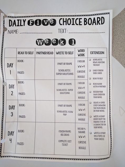 Daily 5 choice board rotations student recording sheet Daily 5 5th Grade, Literacy Choice Boards 3rd Grade, Daily 5 Choice Board, Daily 5 Third Grade, Ela Rotations, Reading Specialist Classroom, Reading Choice Board, Pirate Classroom, Teaching 6th Grade