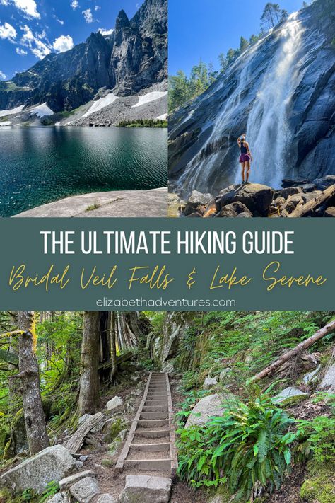 The ultimate guide to hiking Lake Serene and Bridla Veil Falls in Washington. This hike is quite the challenege but well worth the effort for the views. Leane what to bring, what to expect and the best time of year to hike it. Follow @elizabethadventures_ for more trail guides. #washington #hiking #lakeserene #adventure #pacificnorthwest #pnw #pnwonderland Hiking In Washington State, Lake 22 Washington Hiking, Bridal Veil Falls Washington, Bridal Vail, Washington Hikes Pacific Northwest, Washington Hiking, Cascades National Park Washington, Lake Serene Washington, Colchuck Lake Washington Hike