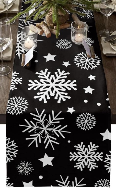 Table Runners 36 inches Long, Christmas White Snowflake Black Background Table Runner Watercolor Squirrel, Table Runner Farmhouse, Family Dinner Party, Wedding Runner, Farmhouse Dresser, Dining Wedding, Silver Christmas Decorations, Farmhouse Style Table, Winter Table