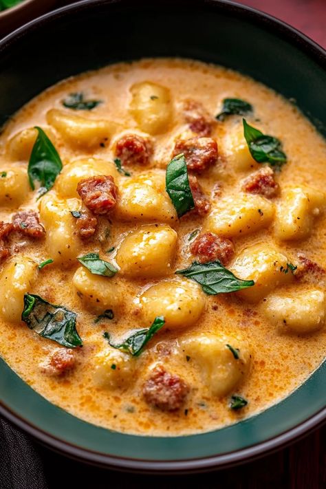 Creamy Chorizo Gnocchi Chorizo Cream Sauce, Chorizo Bean Stew, Gnocchi Chorizo Recipes, Chorizo Links Recipes, Chourico Recipes, Gnocchi Meals, Gnocchi Creamy, Chorizo Gnocchi, Chorizo And Bean Stew