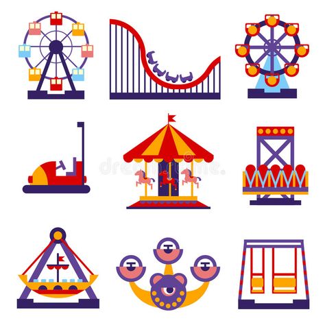 Amusement Park Icons Set of Vector Flat Design stock illustration Amusement Park Party, Robot Decorations, Lifestyle Illustration, Fun Fair, Merry Go Round, Parking Design, Icon Set Vector, Amusement Park, Flat Design