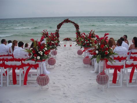 wedding beach red and white. Beach Wedding Red Theme, Red And White Beach Wedding, Red And Black Beach Wedding, Christmas Beach Wedding Ideas, Wedding Ideas Red And White, Christmas Beach Wedding, Red Beach Wedding, Recommitment Ceremony, Spring Beach Wedding