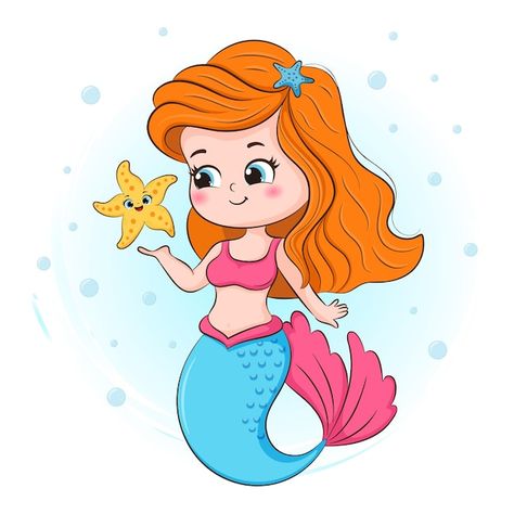 Cute little mermaid and starfish illustr... | Premium Vector #Freepik #vector #cute-mermaid #cartoon-girl #little-mermaid #cute-girl Starfish Illustration, Underwater Cartoon, Mermaid Cartoon, Baby Animal Drawings, Mermaid Party Decorations, Mermaid Theme Party, Dining Room Art, Mermaid Theme Birthday, Underwater Creatures