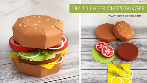 DIY 3D Paper Cheeseburger Giant Paper Flower Tutorial, Craft Burger, Felt Food Diy, Paper Party Decorations, Food Template, Paper Food, Paper Toy, Giant Paper Flowers, 3d Paper Crafts