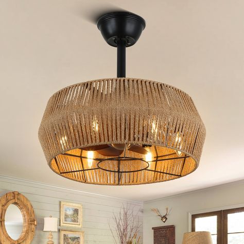 Bella Depot 18 Inches Rope-Woven Caged Ceiling Fan with Dimmable Light and Remote Control, 3-Speed Reversible Fan - 18 Inches - On Sale - Bed Bath & Beyond - 39961239 Farmhouse Light Fixtures Bedroom, Boho Fandelier, Small Ceiling Fan, Coordinating Light Fixtures, Unique Ceiling Fans, Ceiling Fan Bedroom, Caged Ceiling Fan, Bedroom Light Fixtures, Farmhouse Light Fixtures