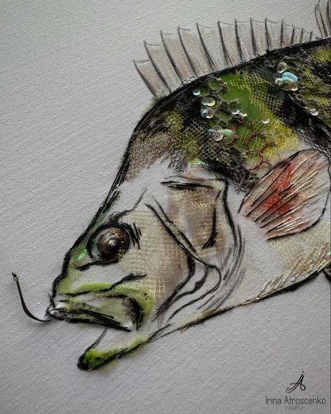 Textile collage embroidery #fish #art #embroidery #collage #textile # Textile Contemporary Art, Embroidery And Painting Mixed Media, Fish Skin Texture, Food Textiles, Deep Sea Art, Fish Textiles, Sea Textiles, Gcse Art Textiles, Collage Embroidery