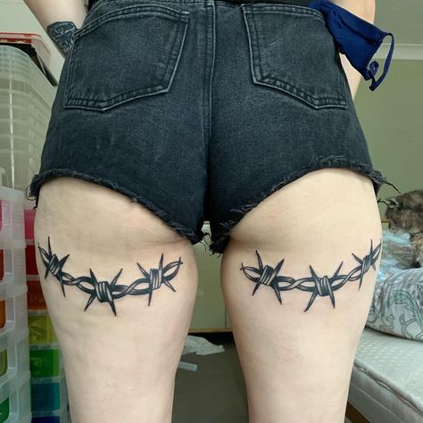 Rotten Tattoo, Back Of Thigh Tattoo, Tattoo Lace, Barbed Wire Tattoos, Bum Tattoo, Wicked Tattoos, Up Tattoo, My Babe, Creepy Tattoos