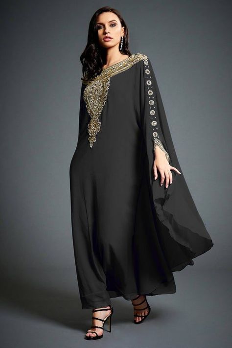 Night Kingdom, Black Kaftan Dress, Arabian Fashion, Kaftan Style Dresses, Kaftan Dresses, Silver Cocktail Dress, Kaftan Designs, Kaftan Style, Kaftan Maxi Dress