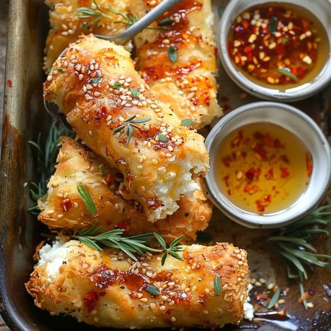 cookefast Oven Fried Feta Rolls With Chili Honey, Oven Fried Feta Rolls, Fried Feta Rolls, Feta Rolls, Fried Feta, Chili Honey, Egg Roll Ingredients, Bowl Ideas, Oven Fried