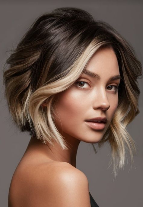 Short Pixie Haircuts With Highlights, Short Hair And Color Ideas, Hair Styles Bob Cut, Icy Blonde Highlights On Dark Hair Short, Short Hair Foils, Brunette Hair With Highlights Short, Short Brown Hair Blonde Highlights, Dark Short Hair Color Ideas, Highlights For Dark Brown Hair Short