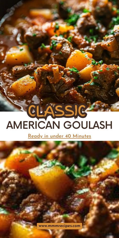 Craving a simple, comforting meal? This Classic American Goulash is a one-pot wonder, packed with tender ground beef, macaroni, and a rich tomato sauce. Perfect for busy weeknights or when you need a cozy family dinner. Click to get the full recipe and discover why this dish has been a beloved American favorite for generations! Save this pin to enjoy a taste of home. #AmericanGoulash #ComfortFood #OnePotMeals #FamilyDinners Goulash With Potatoes, American Goulash Recipes, Beef Goulash Recipes, Ground Beef Macaroni, Classic Goulash Recipe, American Cuisine Recipes, Best Goulash Recipes, Easy Goulash Recipes, Beef Macaroni