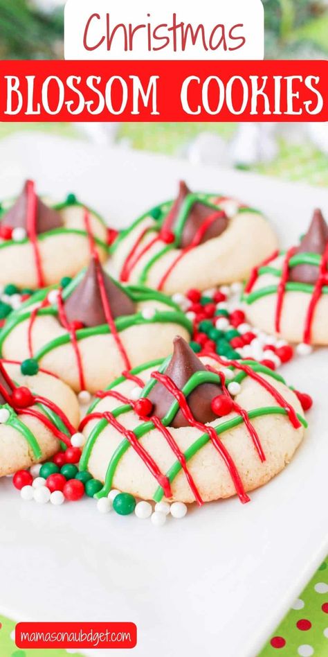 Shortbread Blossom Cookies, Christmas Tree Shortbread Cookies, Hershey Kids Christmas Cookies, Sugar Cookie Blossoms Recipe, Christmas Blossom Cookies, Old School Christmas Cookies, Blossom Cookie Recipes, Sugar Blossom Cookies, Blossom Cookies Christmas